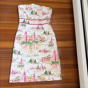 J. Crew Strapless Dress with Pink and Green Sailboat Print